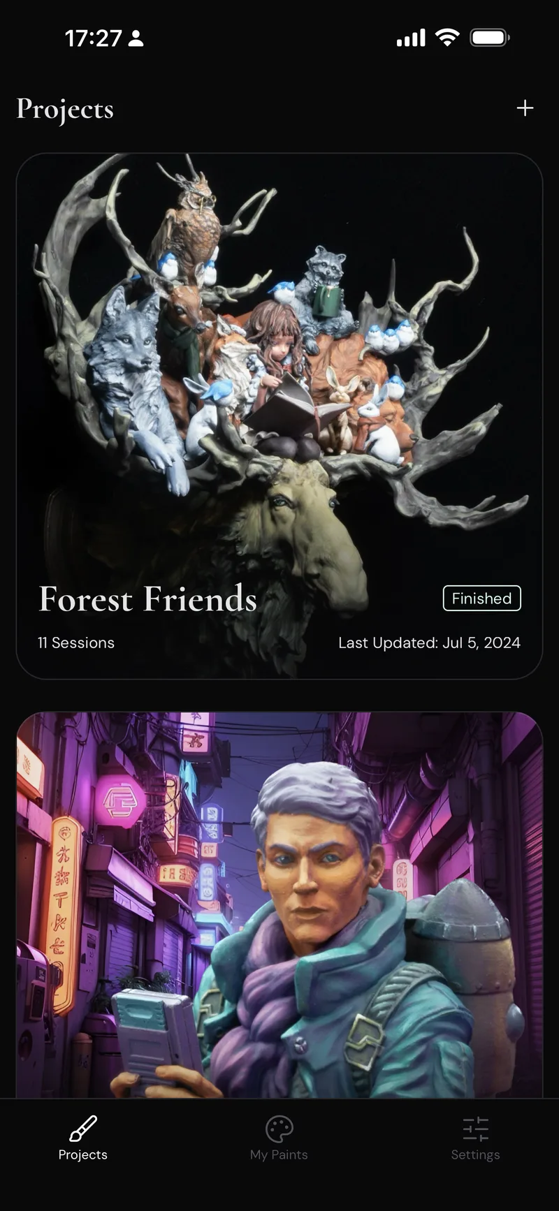 Projects list showing painted miniature projects with cover photos, status, and session counts
