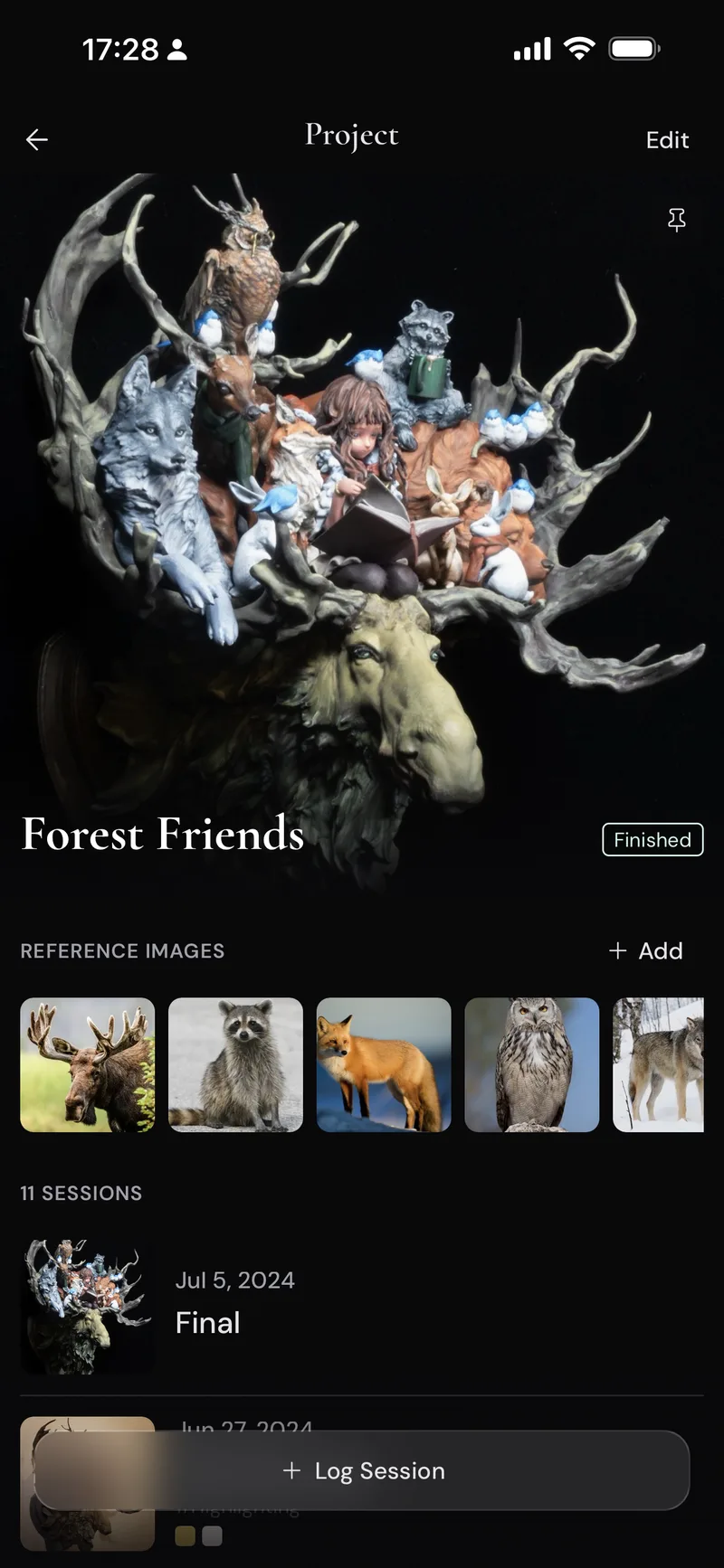 Project detail for Forest Friends showing the hero photo, reference images, and Sessions