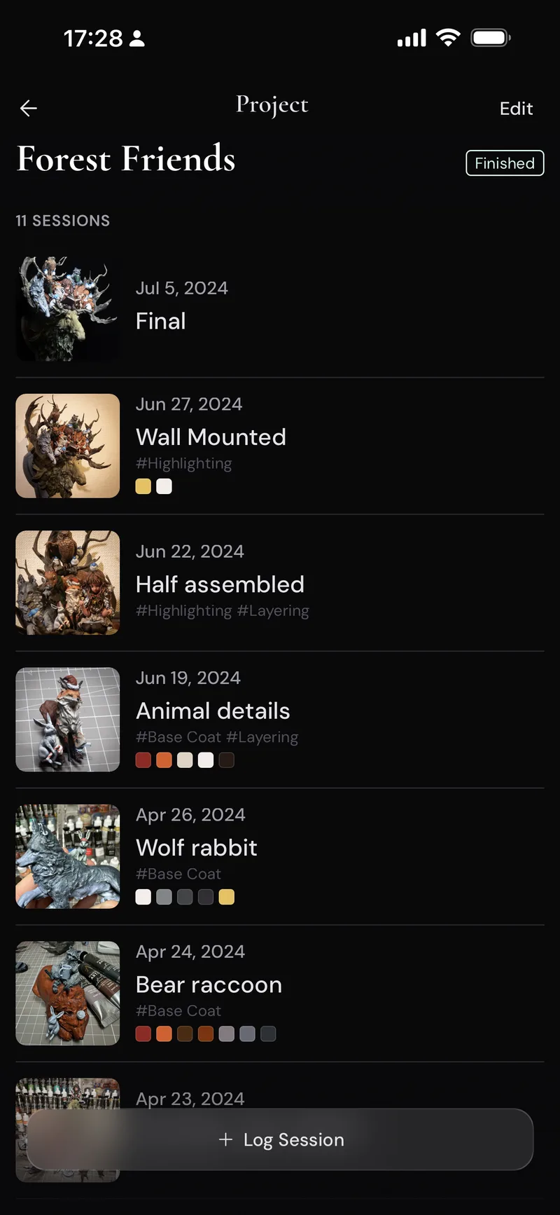 Session Timeline for Forest Friends listing dated sessions with titles, stage tags, and paint swatches
