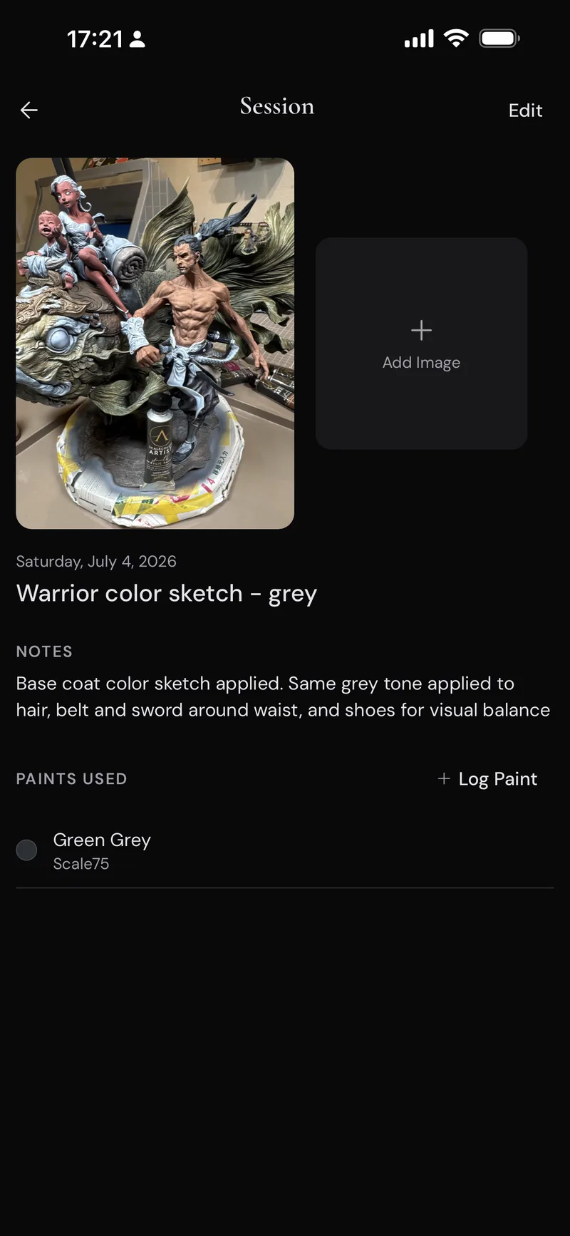 A Session showing a WIP photo, notes, and paints used