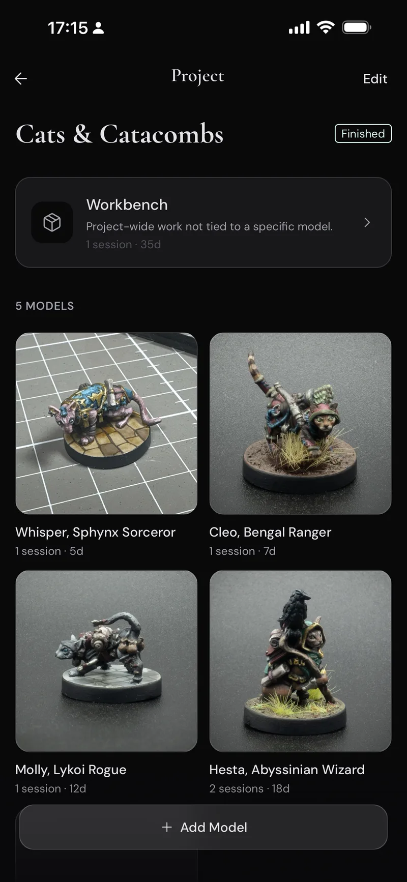 Cats & Catacombs project detail in Collection view, showing the Workbench and Model grid